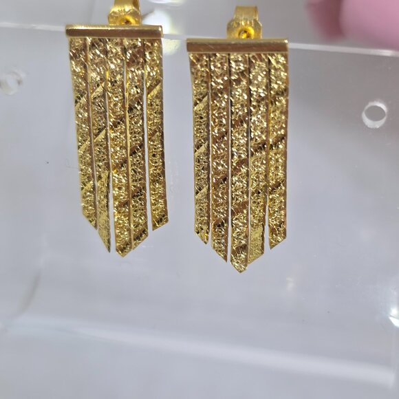 Vintage 14k Herringbone Chain Floral Pattern Chevron Dangle Italy Earrings - Picture 15 of 15